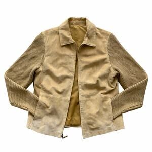 Tabio Women’s Genuine Suede Leather Jacket Knit Sleeves Tan Size Large